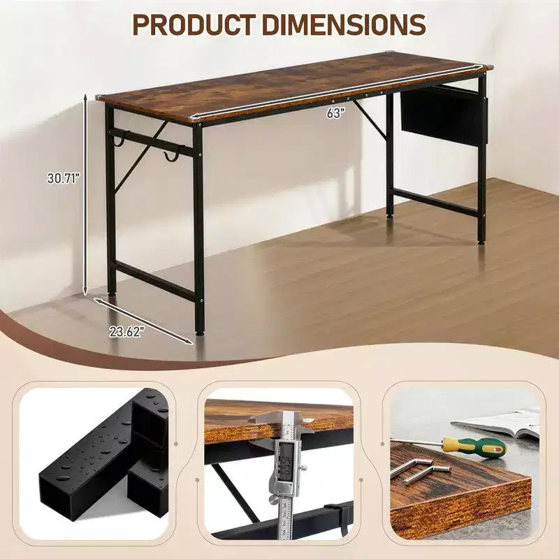 Bureau informatique 63" pour bureau à domicile, bureau d'étude avec rangement, crochets latéraux et pieds réglables