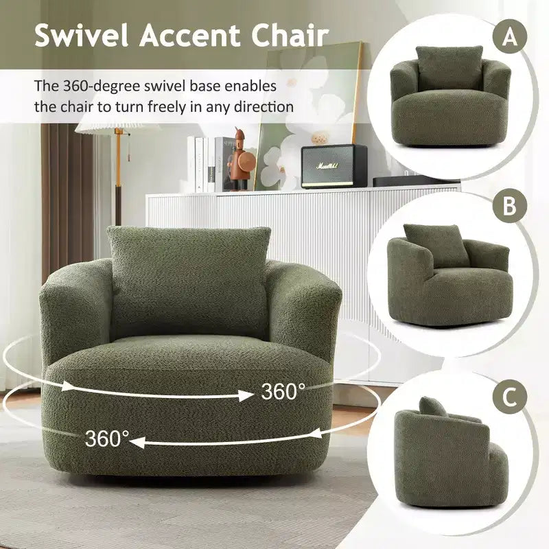 Fauteuil pivotant à 360 degrés, largeur 38,2 pouces, rembourré, en tissu bouclé, avec assise profonde, pour salon, chambre, bureau, vert