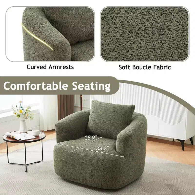 Fauteuil pivotant à 360 degrés, largeur 38,2 pouces, rembourré, en tissu bouclé, avec assise profonde, pour salon, chambre, bureau, vert