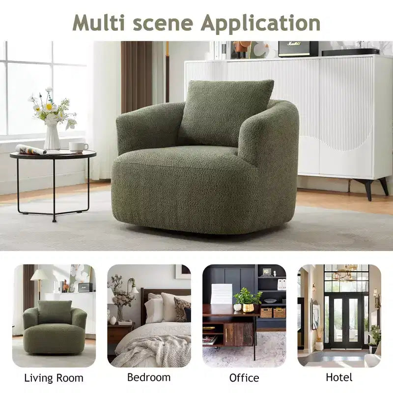 Fauteuil pivotant à 360 degrés, largeur 38,2 pouces, rembourré, en tissu bouclé, avec assise profonde, pour salon, chambre, bureau, vert
