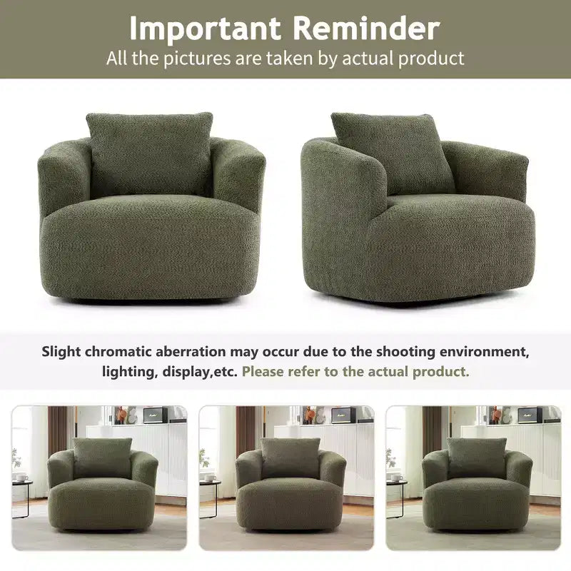 Fauteuil pivotant à 360 degrés, largeur 38,2 pouces, rembourré, en tissu bouclé, avec assise profonde, pour salon, chambre, bureau, vert